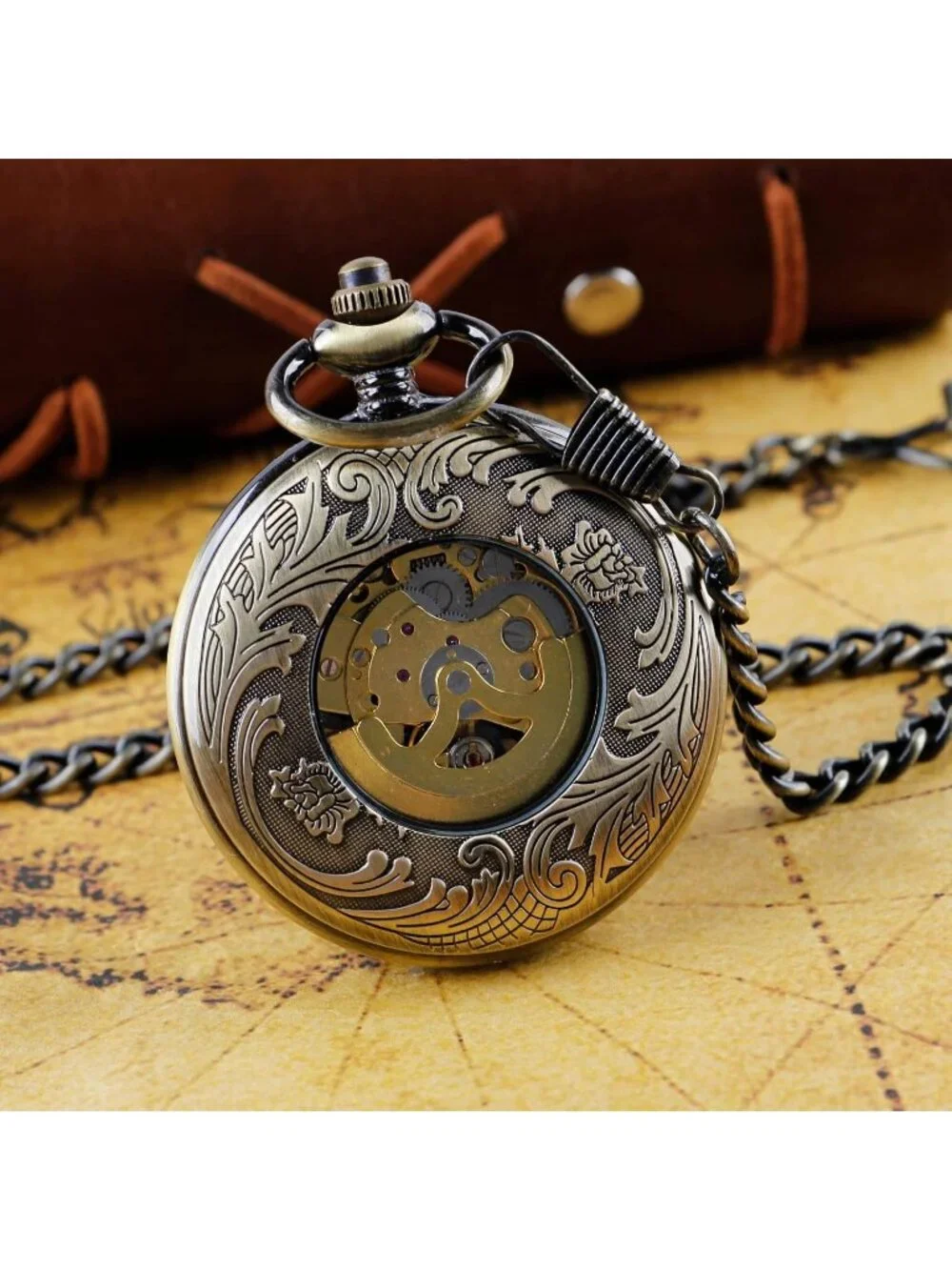 Men's Gold Bronze Horse Skeleton Roman Numerals Hollow Mechanical Pocket Watch
